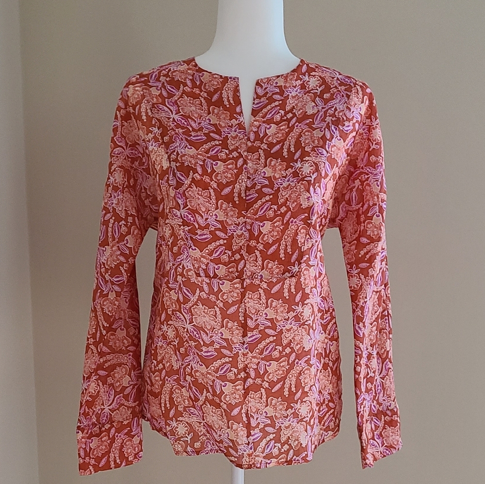 NWOT J.Crew Floral Ramie V-Neck Long Sleeve Tunic Blouse XS